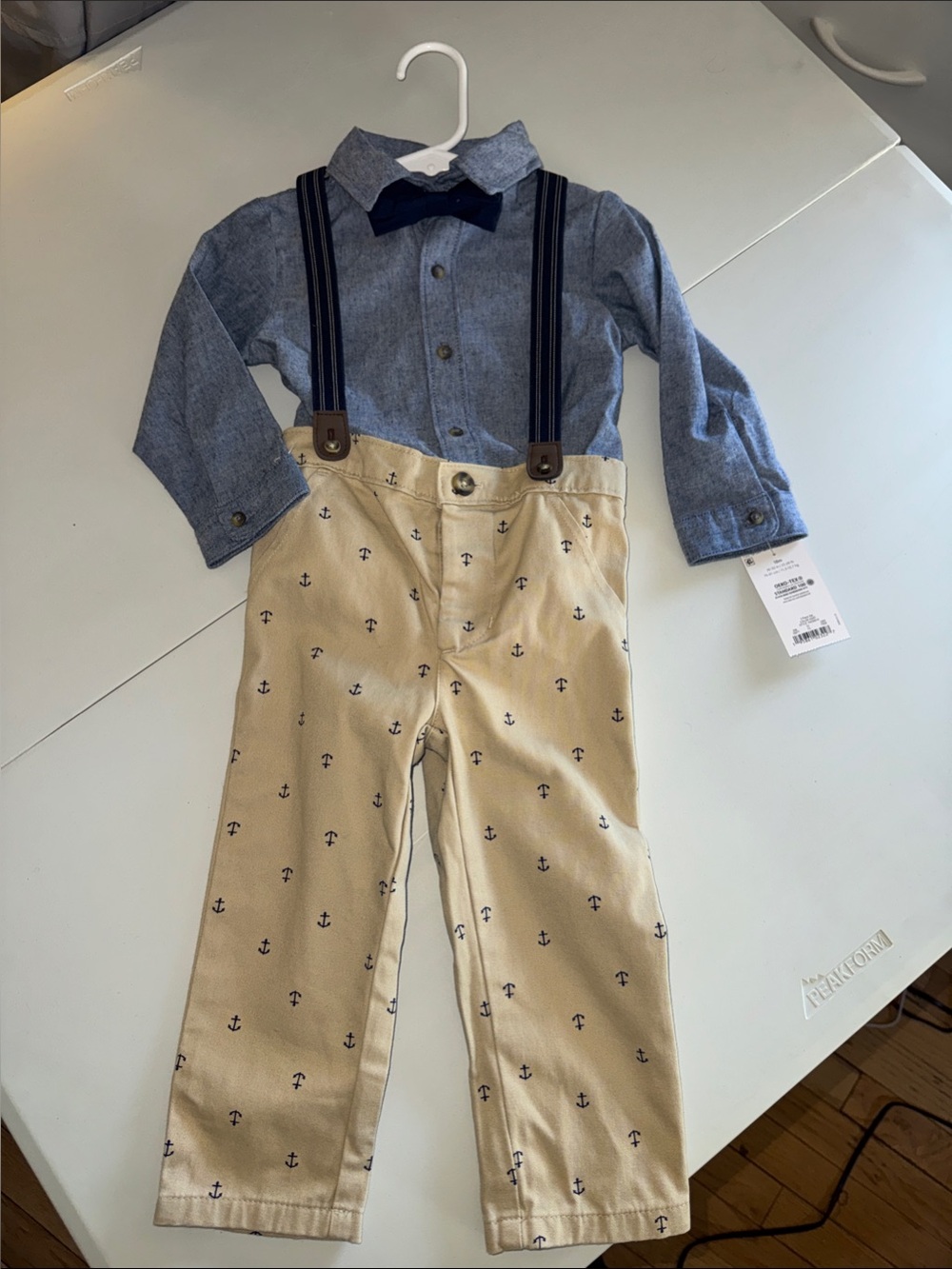 NWT Carter’s Formal Outfit - Khaki Slacks w/ Anchors, Chambray Top + Suspenders